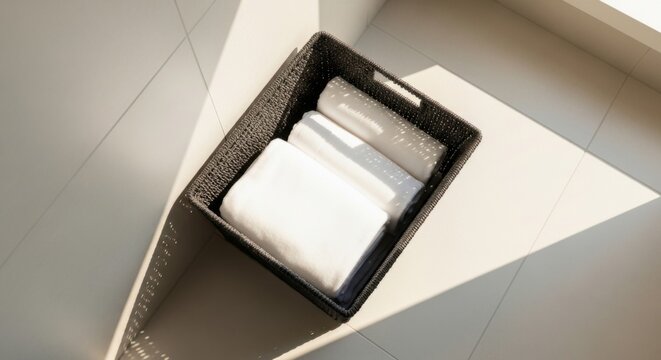 Clean White Towels in Woven Basket with Sunlight Shadows on Tiled Floor Bathroom or Spa Concept