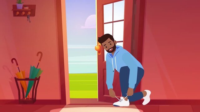 Cheerful young man tying shoelaces inside hallway near open entrance door in animated video clip footage
