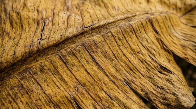 Close up macro shot of a dry textured banana leaf with intricate veins and natural golden brown hues