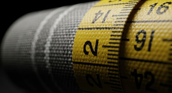 Close up Macro Shot of a Yellow Fabric Measuring Tape Rolled Up Showing Numbers and Markings Isolated on Black Background