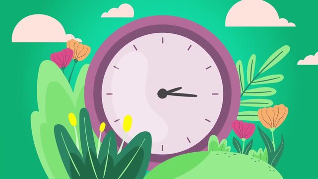 Animated purple clock surrounded by vibrant green plants and colorful spring flowers in motion video footage