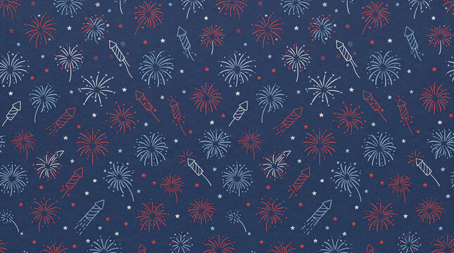 Seamless pattern with fireworks and rockets on a dark blue background for independence day or festive celebrations