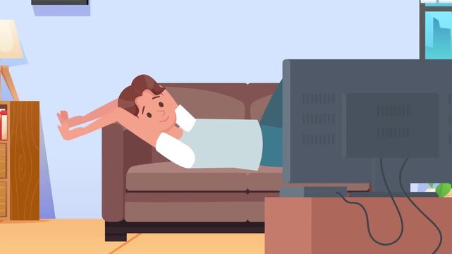 Relaxed man lying comfortably on a cozy living room sofa watching television video footage animation