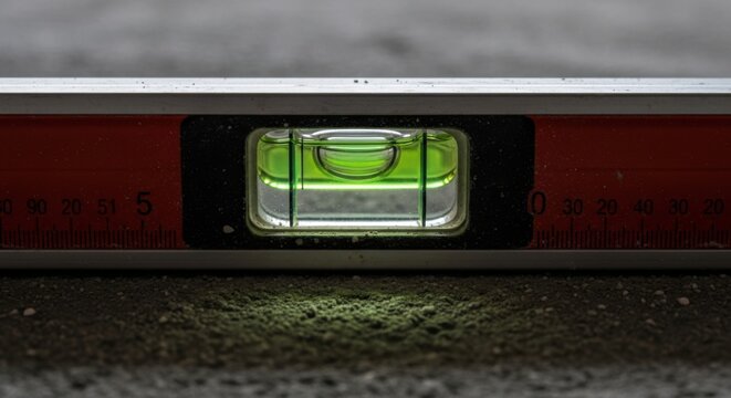 Close up on bubble level tool measuring perfect horizontal alignment on concrete surface construction and DIY concept