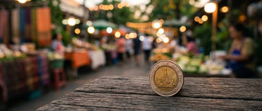 Coin on wooden table in bustling night market bokeh lights commerce concept