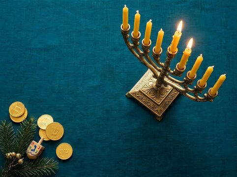 Hanukkah menorah with burning candles gold coins and dreidel on teal background