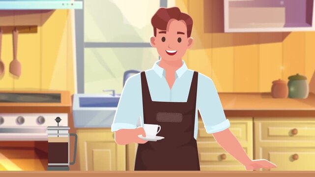 Friendly smiling barista in brown apron holding coffee cup animation video clip inside cozy kitchen setting