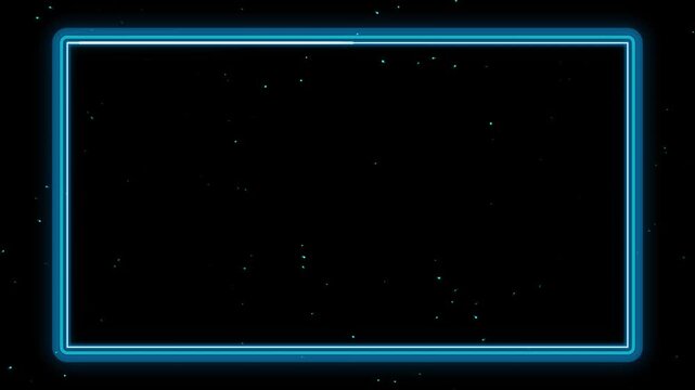 Blue neon rectangular frame with glowing outline set against a starry cosmic background.