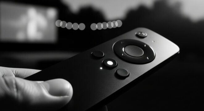 Close up of Hand Holding Modern Remote Control Pointing Towards Blurred Screen with Bokeh Lights