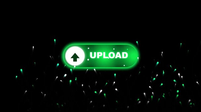 Green upload button with white cloud icon floating in dark space with particle effects.