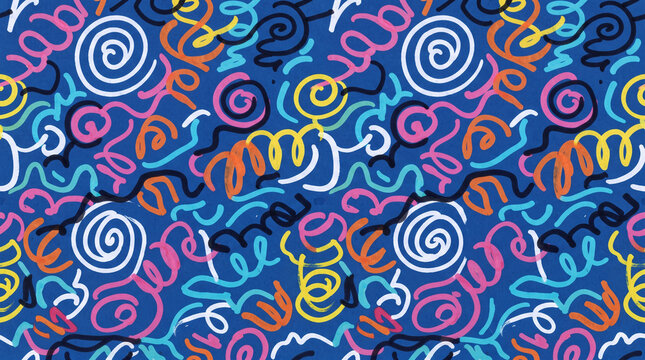 Abstract seamless pattern with colorful handdrawn squiggles and spirals on a blue background, retro 90s style design