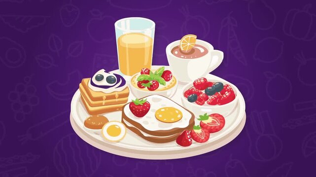 Delicious healthy breakfast meal with fried egg toast fresh fruit juice and sweet dessert animation footage