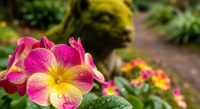 Close up of pink and yellow primrose flowers with water droplets in a lush garden with a mossy sculpture