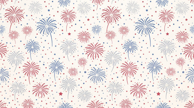 Seamless pattern with red and blue fireworks on a light background
