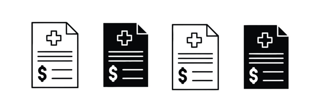 Hospital bill icons in black and white featuring medical invoices, healthcare payments, and insurance documents in vector style