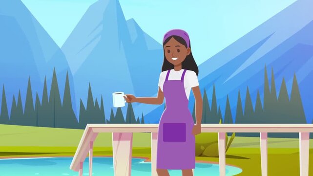 Animated woman drinking coffee on balcony with mountain background in motion vector clip video footage