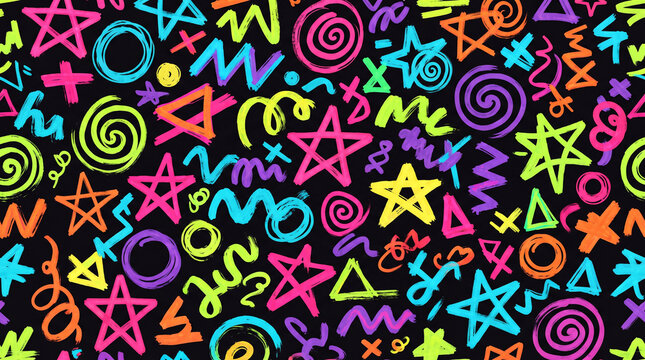 Seamless pattern with handdrawn neon doodle shapes, stars, spirals, and zigzags on a black background