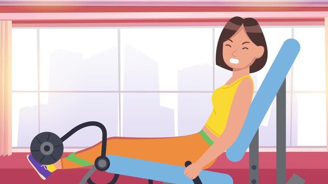 Animated woman exercising legs on gym equipment with intense effort in flat vector design motion footage