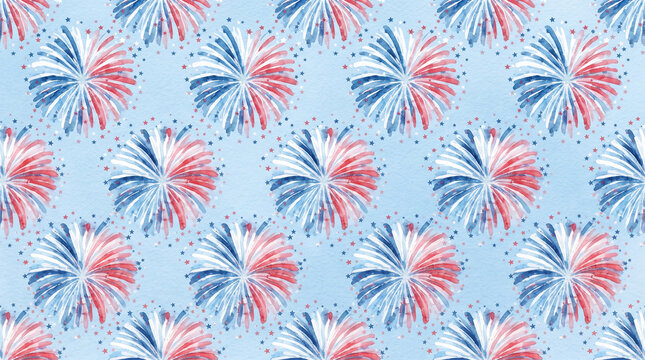 Seamless pattern with watercolor patriotic fireworks and small stars on a light blue background for independence day celebration
