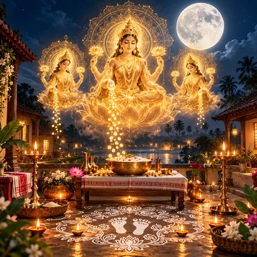 Glowing goddess lakshmi celestial manifestation during kojagari purnima festival