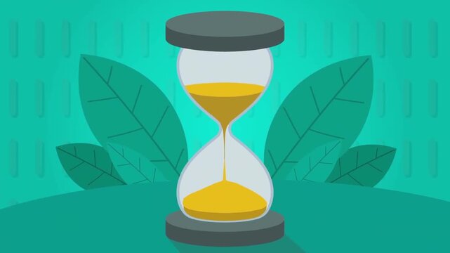Hourglass sand timer motion graphic animation featuring yellow sand falling against a green leaf background video clip