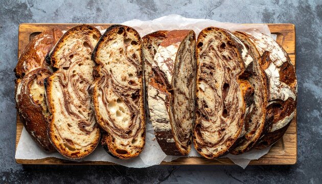 Marbled rye sourdough bread slices arranged neatly, artisan bakery