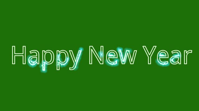 Happy New Year glowing neon blue typography text animation on a keyable green screen background