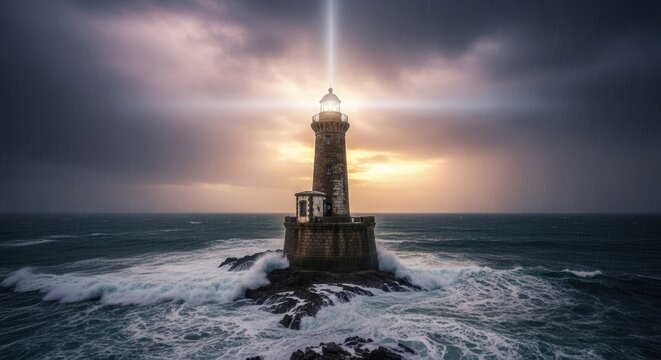 Historic lighthouse standing against crashing waves and stormy sky.