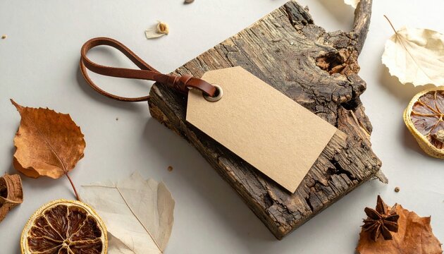 Blank paper tag with brown leather strap, product label mockup