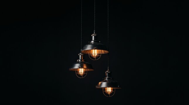 Vintage industrial pendant lamps hanging against dark background glowing with warm retro lighting