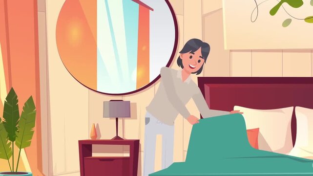 Young woman making bed in bedroom with modern interior design in animated vector clip footage