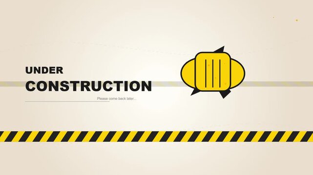 Yellow caution sign with under construction text and speech bubble graphic on striped warning background.