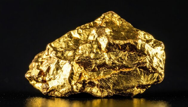Golden nugget displayed on black background, precious metal concept