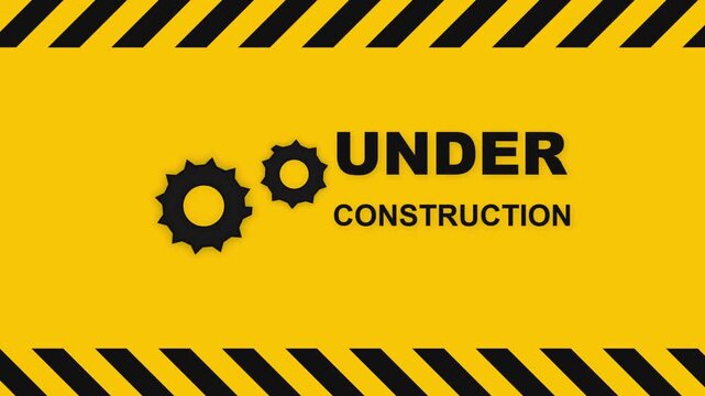 Yellow and black striped construction barrier with under construction text and gear icons on a bold background.