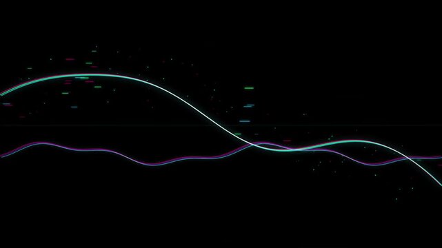 Neon wave frequency motion lines with digital data glitches on dark abstract background effect.