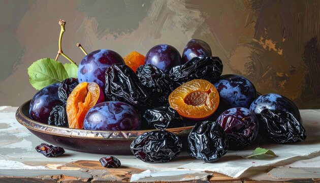 Sweet dried prunes and plums arranged together