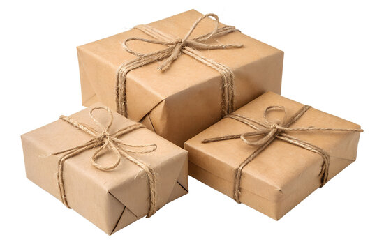 Kraft Paper Wrapped Gift Boxes Tied with Twine Strings Isolated on White Background   