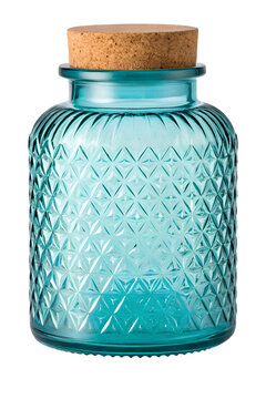 Vintage Textured Blue Glass Bottle with Cork Stopper Isolated on White Background   