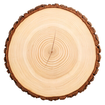 Round Wooden Tree Trunk Cross Section Slice with Bark Isolated on White Background   