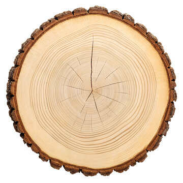 Round Wooden Tree Trunk Cross Section Slice with Bark Isolated on White Background   