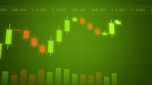 Lime and orange candlestick chart rises over volume bars on a bright green market trading background