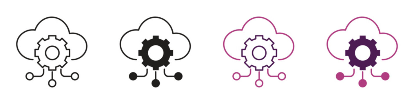 Cloud Computing Settings Icon Set. Cloud Management, Server Configuration, Data Storage and Technology Control Symbols. Vector Illustration.