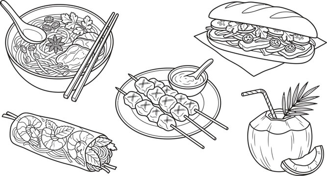 Southeast Asian and Vietnamese Street Food Line Icon Set Featuring Pho Noodle Soup, Banh Mi Sandwich, Satay Skewers, Fresh Shrimp Spring Roll, and Coconut Drink