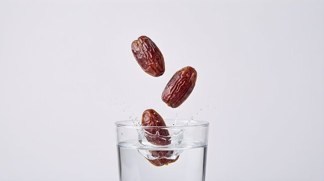 Dried date fruits falling into glass of water with splash studio shot
