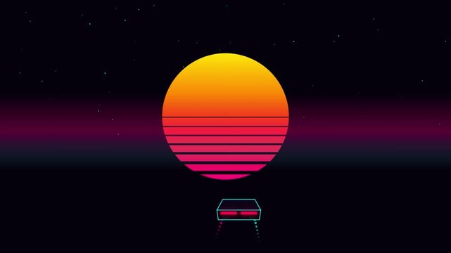Retro synthwave sports car driving towards large glowing sunset in dark starry night horizon scene.