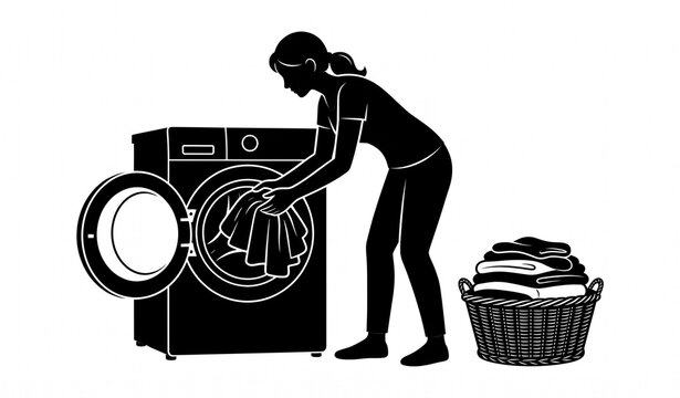Woman Loading Front-Loading Washing Machine with Laundry Basket Black Silhouette Vector