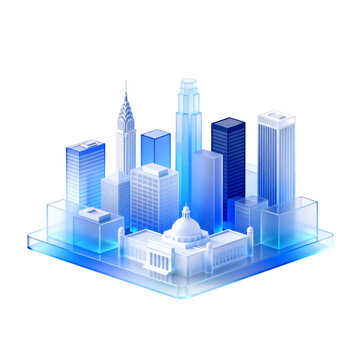 Modern stylized cityscape with various building models on display