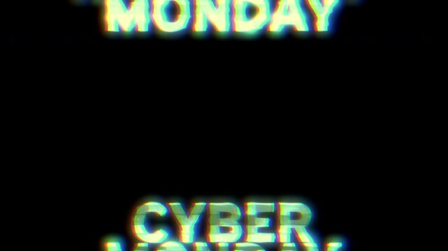 "CYBER MONDAY" text animation in a continuous loop simulating a TV screen failure with static, no signal and bad reception effects, vintage broadcast glitch. 