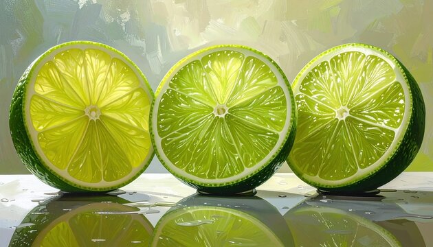Three fresh green lime halves with juicy citrus interiors