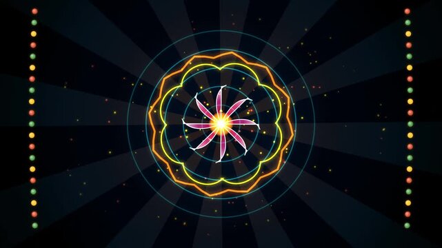 Abstract rotating neon mandala pattern with pulsing light effects on dark ray burst background.